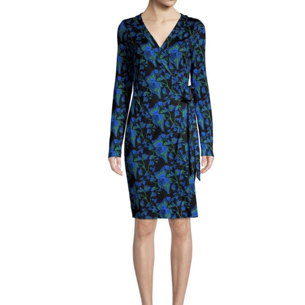 Diane Von Furstenberg Blue Abstract Floral Faux Wrap Jersey Dress Women's Sz L
